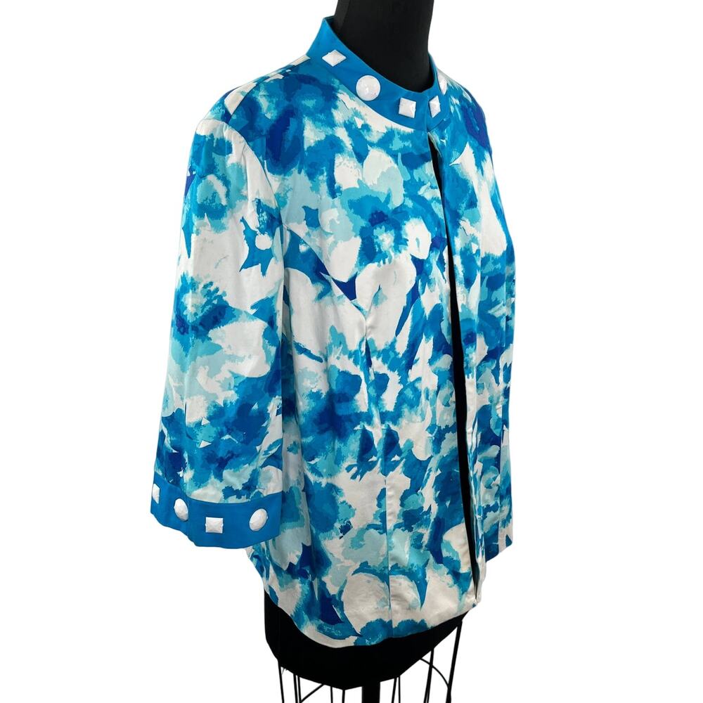 DANA KEY Blue White Watercolor Floral Embellished Jacket 3/4 Sleeve Plus 16W